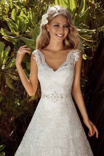 A-Line Long V-Neck Sleeveless Corset-Back Lace Dress With Beading