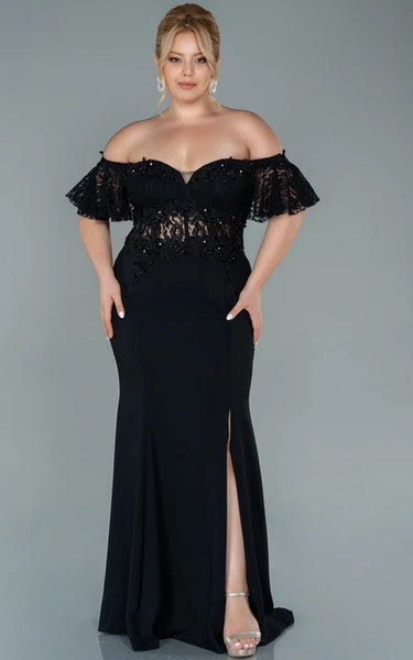 Sexy Off-the-shoulder Sheath Front Split Chiffon Prom Plus Size Dress with Lace Applique