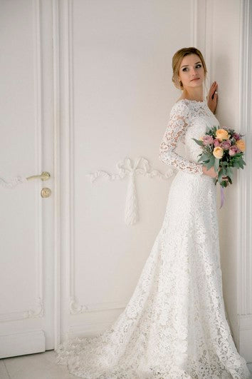 Lace Bateau Mermaid Elegant Wedding Dress With V-back