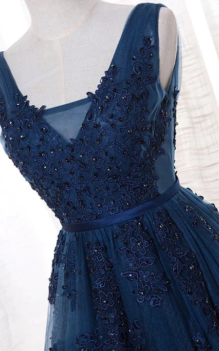 Dark Navy Empire Sleeveless Pleated A-line Floor-length Tulle Prom | Bridesmaid Dress
