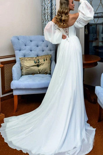 Romantic Off-the-shoulder A Line Floor-length Court Train Long Sleeve Wedding Dress