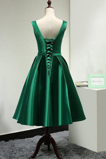 V Neck Pleated A-line Satin Tea Length Dress With Lace Up and Bow