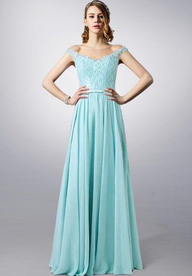 Bateau Neck Lace and Chiffon Long Dress With Illusion Back