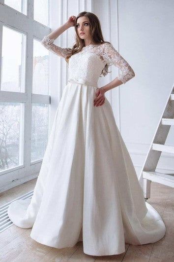 Scoop-Neck Lace 3/4 Length Sleeve A-Line Satin Wedding Dress With Corset Back