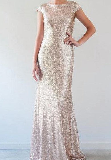 Sequined Cap Sleeve Floor-Length Dress With Low-V Back