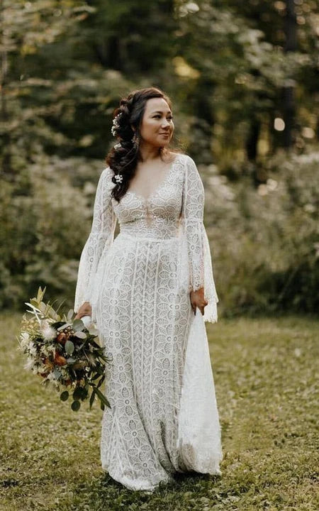 Hippie V-neck Puff-long-sleeve Sheath Corset Back Country Wedding Dres