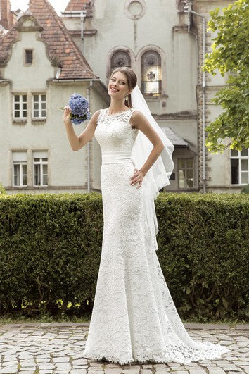 Jeweled Neck Sleeveless Sheath Lace Wedding Dress With Ruched Waist