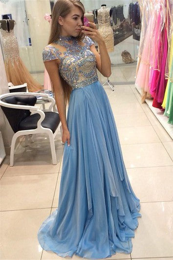 Delicate Beadings Chiffon A-line Prom Dress Cap Sleeve Sweep Train