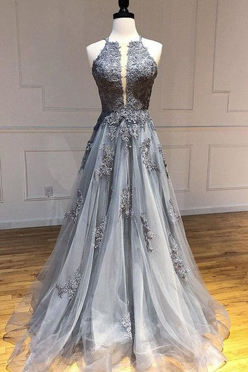 Ethereal Brush Train Sleeveless Tulle A Line Cross Back Prom Dress with Appliques