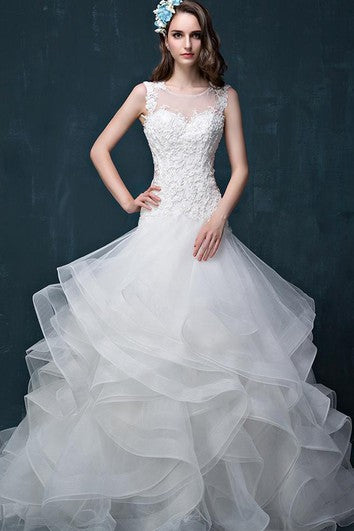 Illusion Neckline Beading Appliques Keyhole Back  Lace and Organza Dress