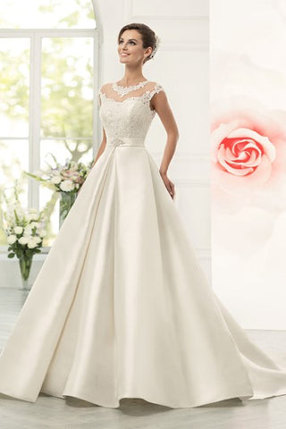 Ball Gown Floor-Length Jewel Cap-Sleeve Illusion Satin Dress With Appliques