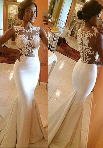 Mermaid High Neck Satin Applique Sleeveless Sweep Train Wedding Dresses