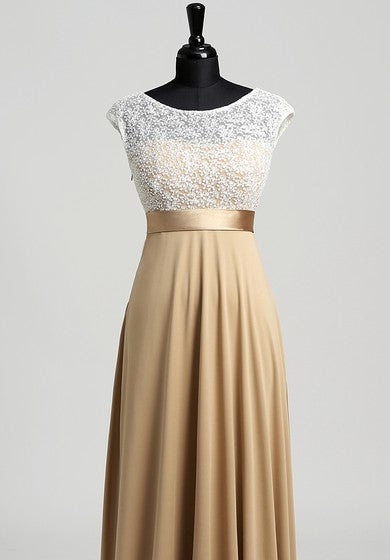 A-line Bateau Cap Short Sleeve Floor-length Jersey Lace Dress