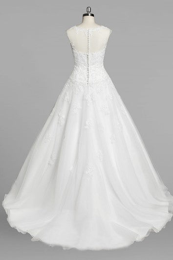 Jewel Neck Cap Sleeve A-Line Organza Wedding Dress With Lace Bodice