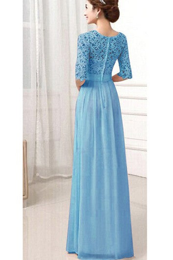 Robe de demoiselle d'honneur longue avec corsage en dentelle et ceinture