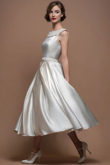 A-Line Scoop-Neck Tea-Length Satin Wedding Dress With Beading And V Back