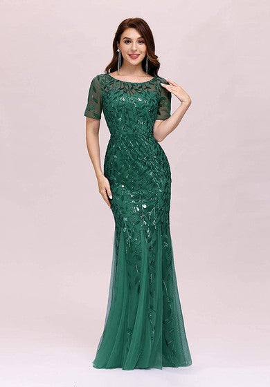 تول الترتر بطول الأرض حورية البحر قصيرة الأكمام خمر فستان متواضع مع الطيات