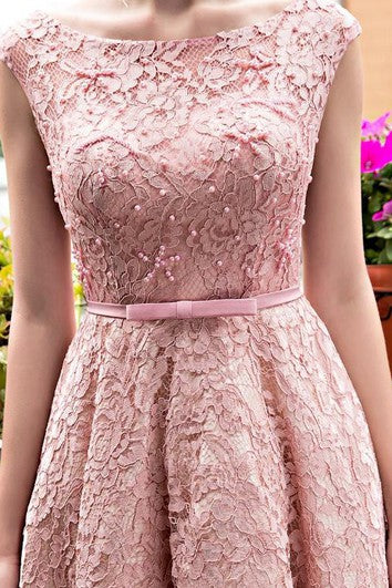 A-Line Bateau Lace Pearls Tea-Length Prom Dress