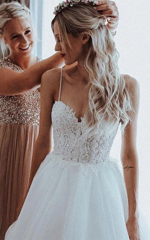 Spaghetti Beaded Empire A-line Tulle Wedding Dress