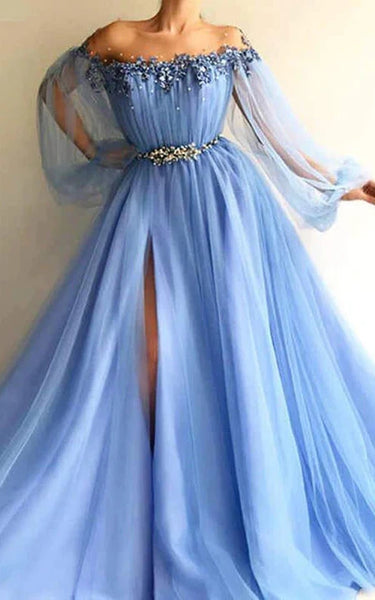 Flowy Off-the-shoulder Puff-long-sleeve Front Split Blue Evening Prom Dress with Beadings