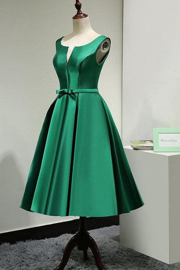 V Neck Pleated A-line Satin Tea Length Dress With Lace Up and Bow