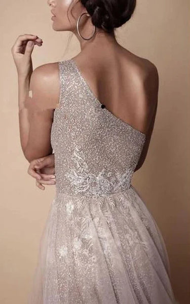 Asymmetrical Grey Sleeveless Beaded Front Split Tulle Evening Prom Dress