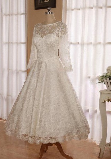 Jewel 3 4 Length Sleeve Low V Back Tea Length Lace Wedding Dress