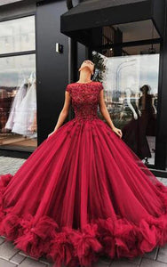 Cap Scoop-neck Red Ball Gown Quinceanera Ruffled Prom Dress