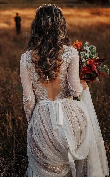 Country Ethereal Illusion V-neck Long Sleeve Boho Wedding Dress with Deep-v Back