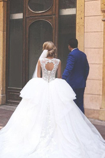 A-Line Ball Gown Empire Mini Jewel Bell Empire Dropped Appliques Cathedral Train Tulle Dress