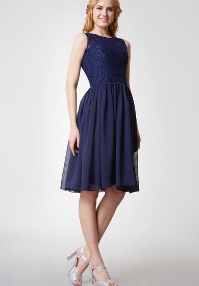 Glamorous Jewel Neck Pleated Knee Length Chiffon Dress With Satin Sash