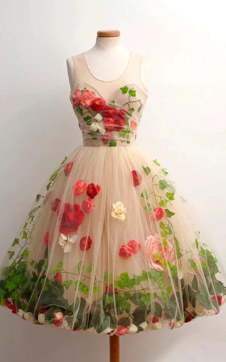 Květinové šaty bez rukávů s výstřihem do oblouku, tylová iluze, korálové plesové šaty