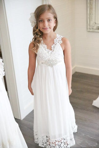 Floor-Length V-neck Boho Ethereal  Sleeveless Empire Petite Dress For Flowergirl