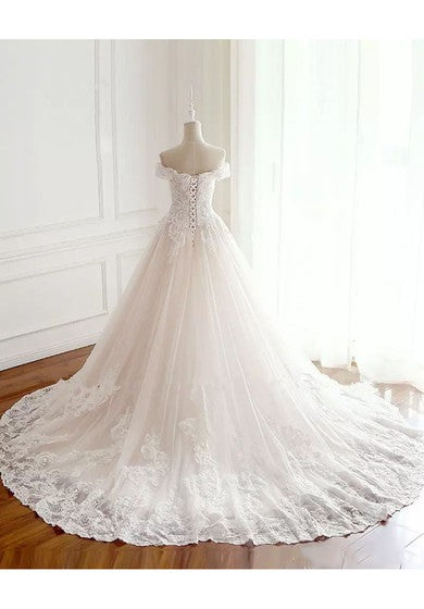 Off-the-shoulder A-line Floor-length Chapel Train Sleeveless Lace Tulle Wedding Dress with Lace-up Back