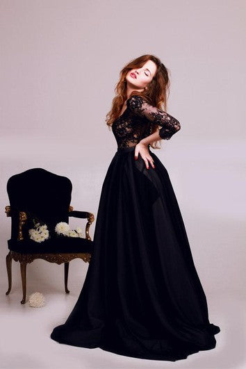 Sexy Black Lace Appliques V-neck Evening Dress 3-4-Length Sleeve A-line