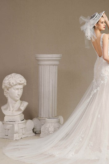 Illusione immerge abito da sposa a pizzo senza maniche sirena con appliques e treno di cappella