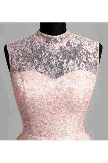 Robe courte/mini en dentelle simple à col montant et coupe trapèze sans manches