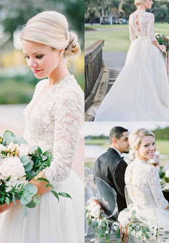 3 4 Long Sleeve Open Back Vintage Lace Pearls V-Neck Wedding Dresses