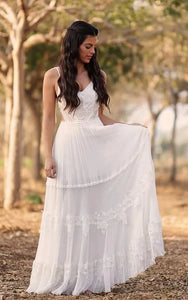 Boho Spaghetti Pleated Floor-length Tiered Country Wedding Dress