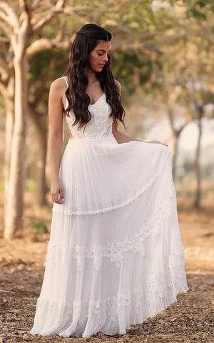 Boho Spaghetti Pleated Floor-length Tiered Country Wedding Dress