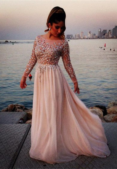 Glamorous Long Sleeve Beadings Prom Dresses 2022 Long Chiffon