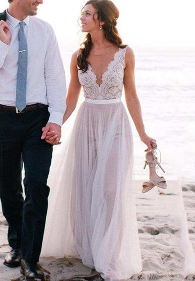 Vestido de tul de tul de Tule Sleeveless V Neck A-Line con top de encaje