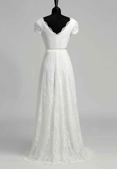 A Line Garden Cap Short Sleeve Wedding Dress