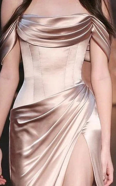 Champagne Strapless Sheath Party Satin Evening Dress with Front Split