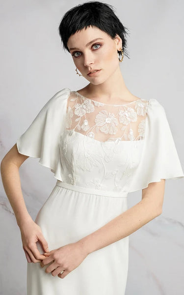 Sheath Chiffon Short-sleeve Wedding Dress with Applique and V Back