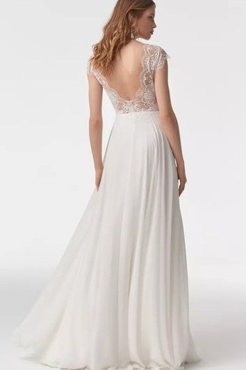 Elegant A Line Chiffon Long Sleeve Illusion Cap Wedding Dress with Lace