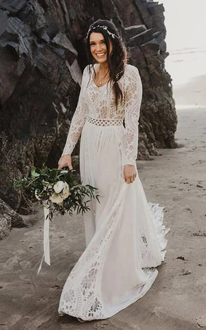 Boho Lace Beach Sheath Chiffon Empire Long Sleeve Wedding Dress