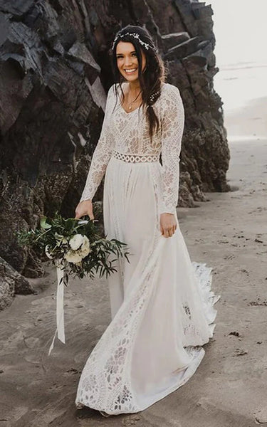 Boho | Beach Lace Long Sleeve Wedding Dress