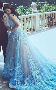 Blue Sleeveless A-line Tulle Ball Gown Applique Prom Wedding Dress