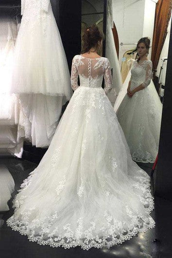 الدانتيل القديم A خط 3 4 الأكمام الطويلة الشفافة ثوب الزفاف متواضع